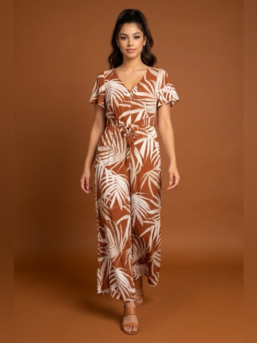 GUC MSK SZ L Rust/White/Beige Jumpsuit Palm Print, flutter sleeves/waist 30”-38”